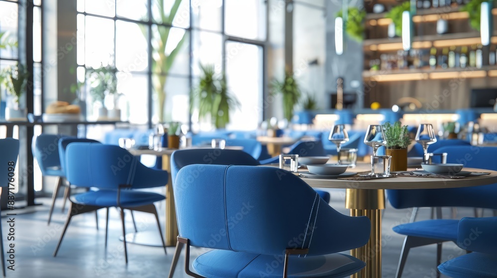 stylish modern restaurant interior with vibrant blue chairs 3d illustration stylish modern restaurant interior with vibrant blue chairs 3d illustration