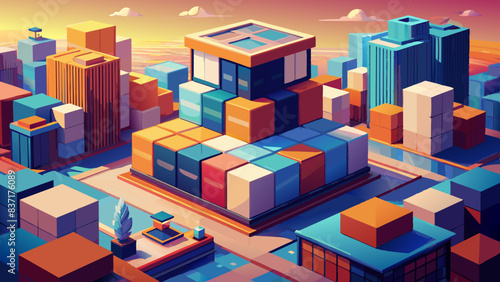 Vibrant Digital Art Cityscape with Geometric Skyscrapers