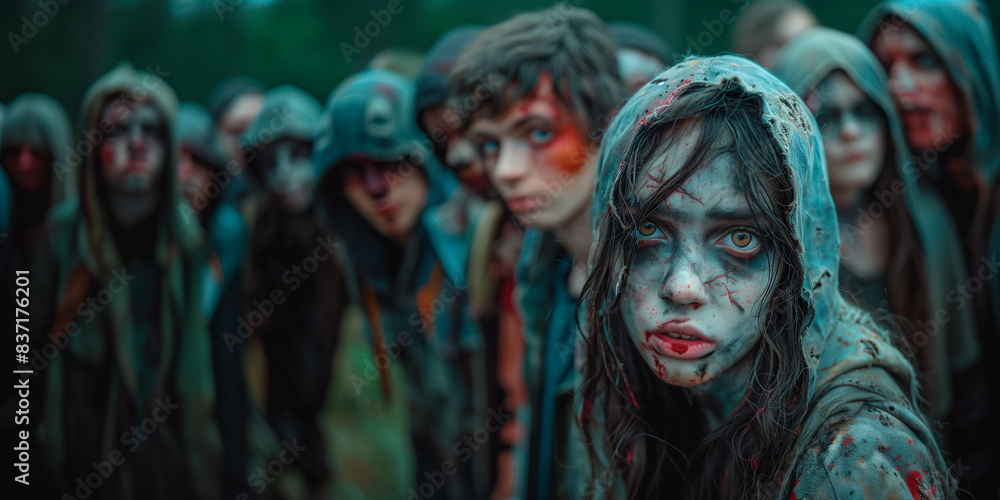 A group of people are dressed in zombie costumes A group of people are dressed in zombie costumes