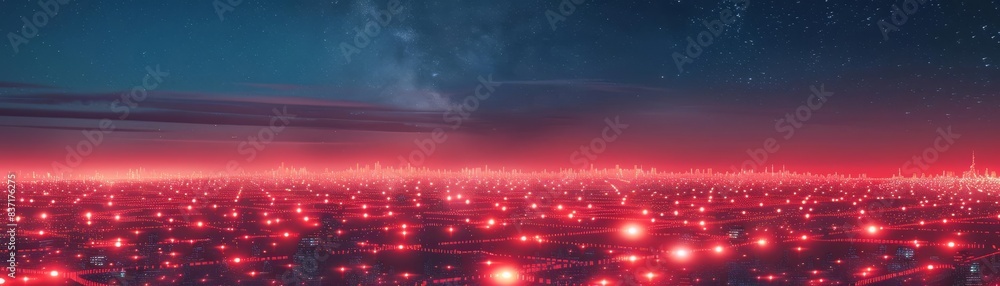 Visualization of a hightech networked city, where data points create a luminous red landscape against the night sky, representing the digital age Visualization of a hightech networked city, where data points create a luminous red landscape against the night sky, representing the digital age