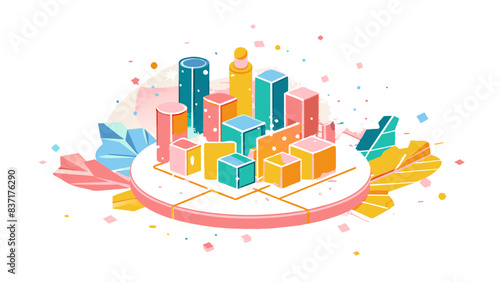 Colorful Isometric Cityscape Illustration with Abstract Shapes