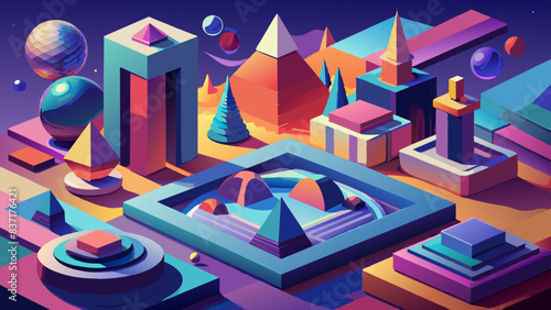 Vibrant Geometric Landscape with Abstract Shapes and Cosmic Elements