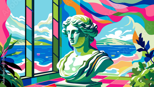 Colorful Pop Art Bust of Venus in Vibrant Interior with Seascape View