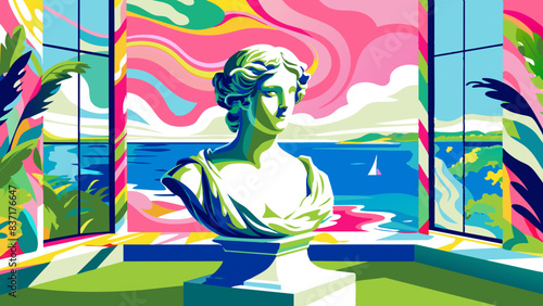 Vibrant Pop-Art Style Bust of Venus with Scenic Ocean View Window