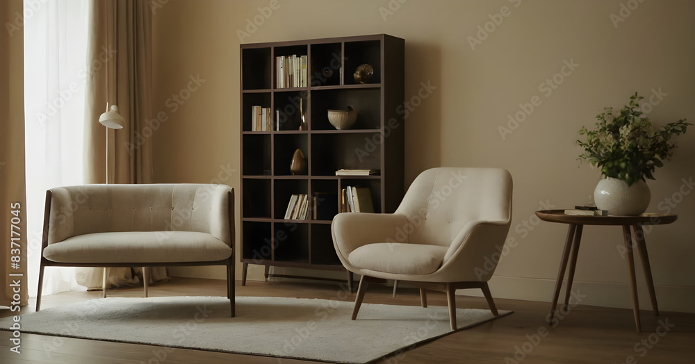 Elegant living room setup with comfortable seating and wooden furniture against a neutral color palette, creating a warm home atmosphere Elegant living room setup with comfortable seating and wooden furniture against a neutral color palette, creating a warm home atmosphere