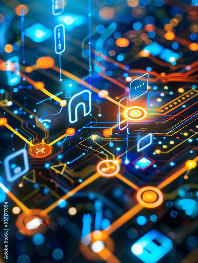 A detailed electronic circuit board, lit by the dynamic activity of data transmission and digital interactions.