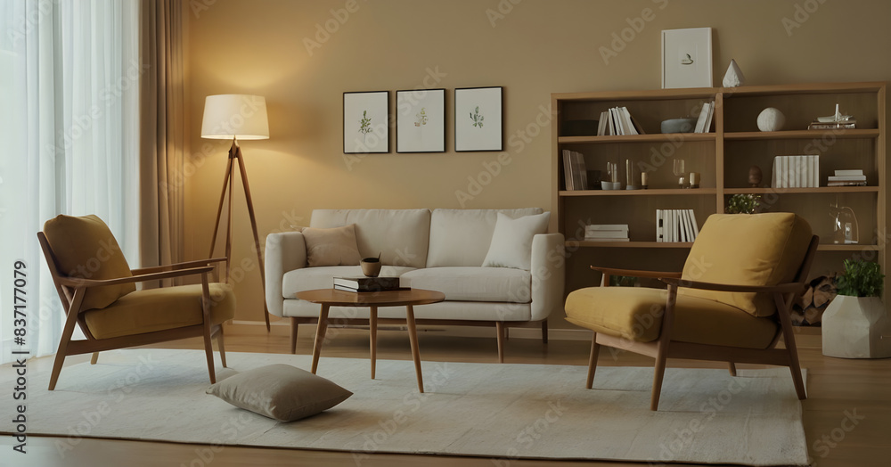 Modern living room design with sophisticated furnishings, calming neutral colors, and decorative accents for a welcoming and stylish home atmosphere Modern living room design with sophisticated furnishings, calming neutral colors, and decorative accents for a welcoming and stylish home atmosphere