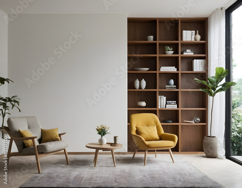 Elegant, modern living space with a yellow armchair, wooden bookshelf, and expansive window, flooded with natural light