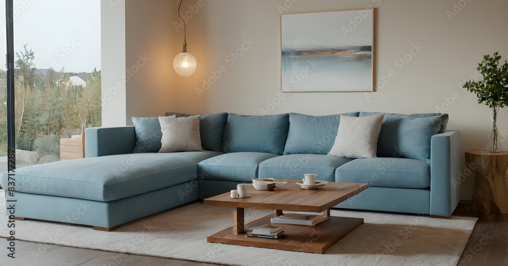 Elegant modern living room with a plush blue sectional sofa, chic wooden coffee table, and tranquil landscape art displayed on the wall Elegant modern living room with a plush blue sectional sofa, chic wooden coffee table, and tranquil landscape art displayed on the wall