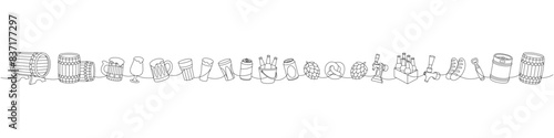 Brewery set one line continuous drawing. Barrels, cans, mugs, metal keg, bottle opener, sausages, tap, hop cone continuous one line illustration.