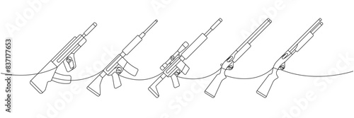 Modern weapons one line continuous drawing. Tactical assault rifles, smoothbore guns continuous one line illustration. Vector linear illustration.