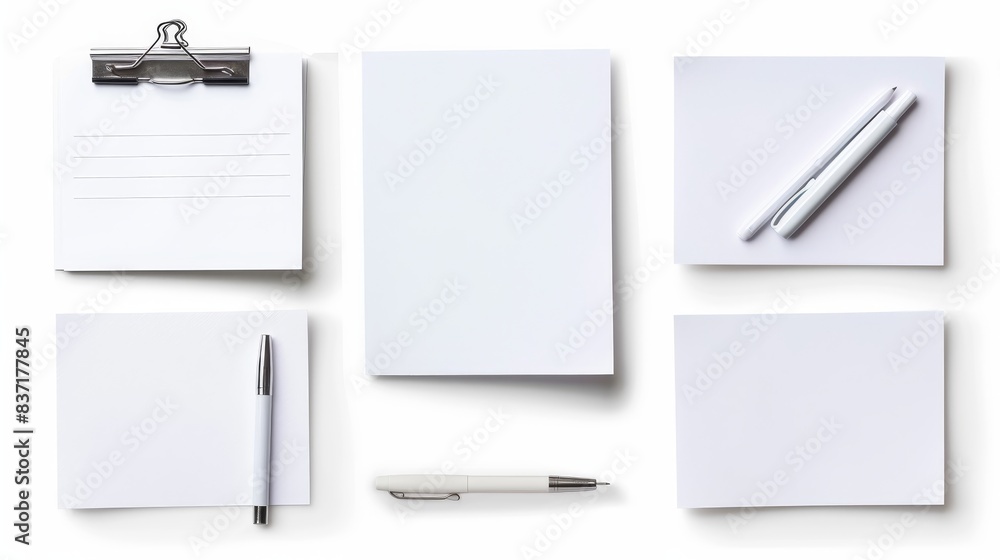 Collection of white paper items and writing instruments arranged on a white background Collection of white paper items and writing instruments arranged on a white background
