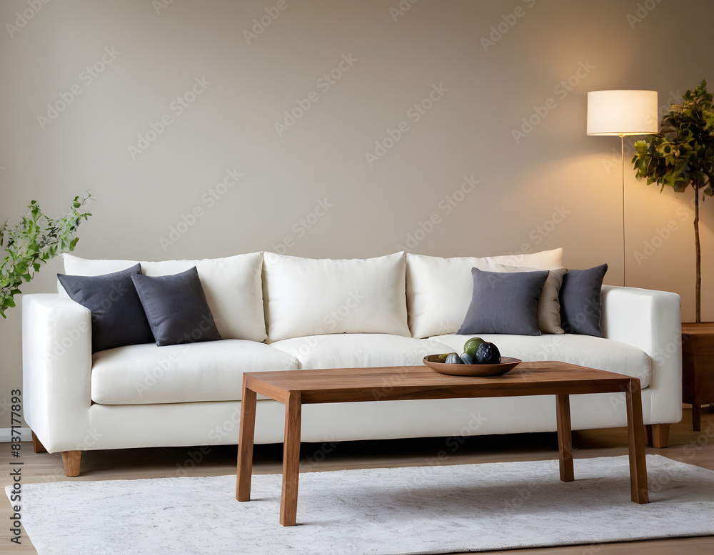 Fototapeta premium Chic and inviting living space with a white couch, wooden coffee table, ambient lighting, and modern throw pillows in a simple decor