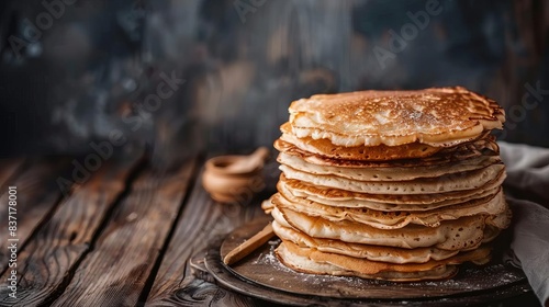traditional russian blini pancakes stacked on rustic wooden table photo