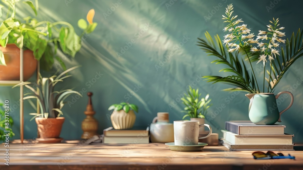 A tranquil corner featuring cacti and leafy plants, alongside books ready for a leisurely read. A tranquil corner featuring cacti and leafy plants, alongside books ready for a leisurely read.