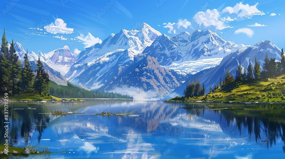 Fototapeta premium tranquil mountain lake reflecting majestic snowcapped peaks under a clear blue sky digital painting