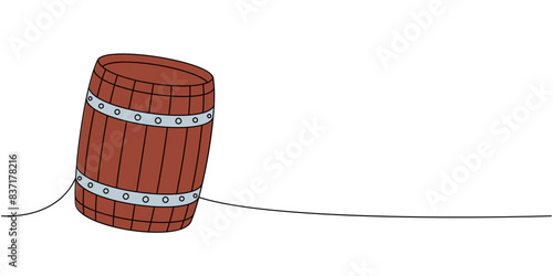 Old cask one line colored continuous drawing. Wooden barrel continuous one line illustration. Vector linear illustration.