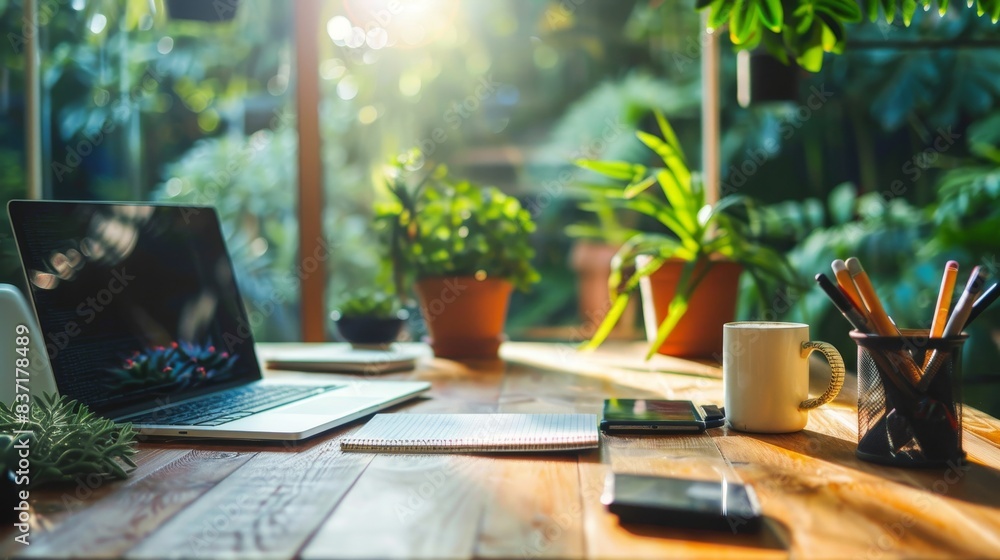 Sunlit home office boasting a laptop and a notebook on a wooden table for an efficient workday. Sunlit home office boasting a laptop and a notebook on a wooden table for an efficient workday.