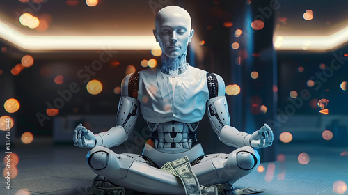 a calm robot manager meditating woth money  photo