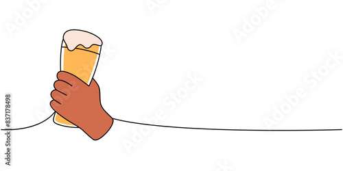 Hand holding a beer glass one line colored continuous drawing. Beer pub products continuous one line illustration. Vector linear illustration.