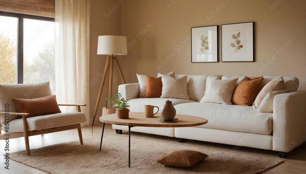 Stylish living room featuring a cozy beige sofa, wooden furnishings, and inviting decor, bathed in natural light from a sizable window