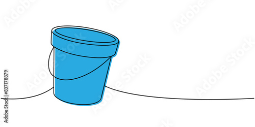 Water bucket, plastic basin, cleaning bowl one line colored continuous drawing. Cleaning service tools continuous one line illustration.