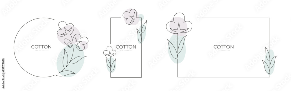 A set of three different shaped frames made from natural organic cotton sprouts, a single line pattern with colored spots. Flat doodle style. Vector illustration. A set of three different shaped frames made from natural organic cotton sprouts, a single line pattern with colored spots. Flat doodle style. Vector illustration.