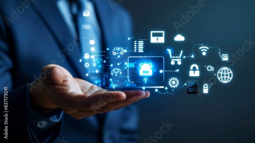 Business tasks visualized through a seamless interaction with virtual technology icons.