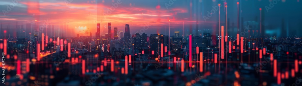 Fototapeta premium Abstract financial graph with depth, showcasing vibrant trading data in front of a softfocused city at twilight, merging technology with finance