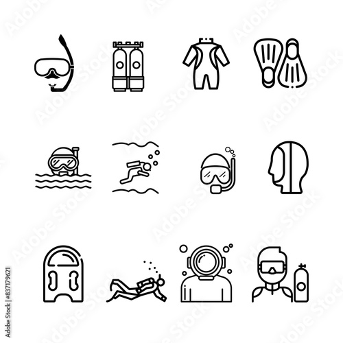 Scuba diving icon set. Included the icons as underwater, scuba diver, mask,