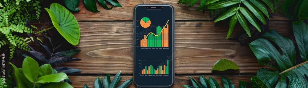 Obraz premium Digital financial management in an ecofriendly setting, mobile displaying vibrant charts, wooden surface, lush foliage around