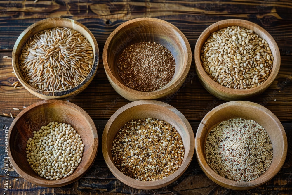 A variety of whole grains including brown rice, quinoa, oats, and barley arranged in bowls, symbolizing a nutritious diet for a healthy lifestyle. A variety of whole grains including brown rice, quinoa, oats, and barley arranged in bowls, symbolizing a nutritious diet for a healthy lifestyle.