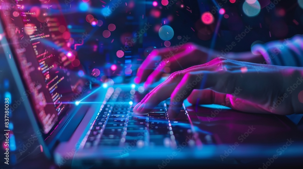 A laptop becomes a conduit for digital interaction, with every keystroke creating a burst of technological innovation. A laptop becomes a conduit for digital interaction, with every keystroke creating a burst of technological innovation.