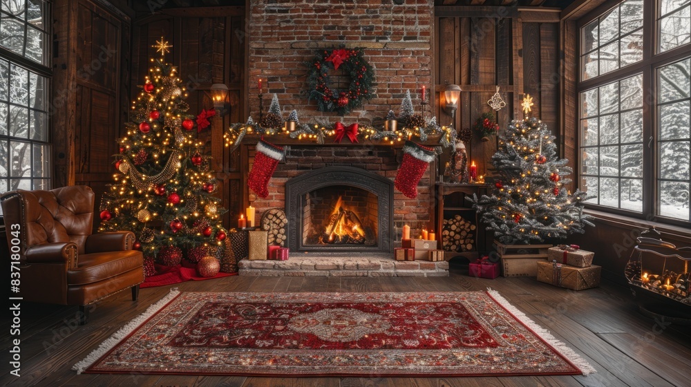 Christmas Room Interior Design, Xmas Tree Decorated By Lights Presents Gifts Toys, Candles And Garland Lighting Indoors Fireplace Christmas Room Interior Design, Xmas Tree Decorated By Lights Presents Gifts Toys, Candles And Garland Lighting Indoors Fireplace