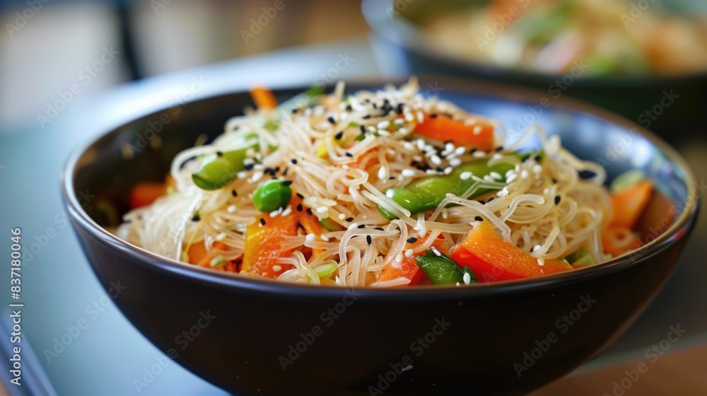 A vegetarian Asian style dinner that includes rice or potato noodles mixed with bell peppers carrots green beans onions sesame seeds and soy sauce
