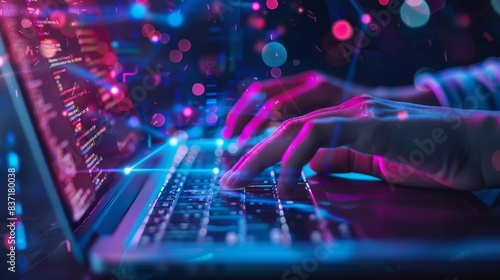 A laptop becomes a conduit for digital interaction, with every keystroke creating a burst of technological innovation.