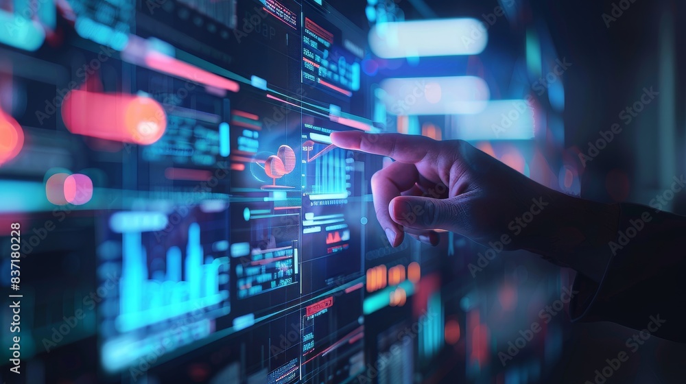 Innovating with data: a user engages with a touchscreen dashboard, analyzing and interpreting complex information. Innovating with data: a user engages with a touchscreen dashboard, analyzing and interpreting complex information.