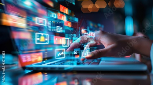 Futuristic technology and data interaction on a laptop screen, with hands typing and surrounded by bokeh lights, representing the forefront of digital advancements and user experience.