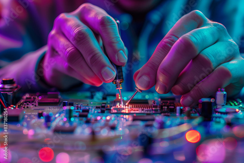 An electronics engineer, in the midst of a high-tech lab, is carefully soldering components on a circuit board, an activity that highlights the precision and care needed © HASAN