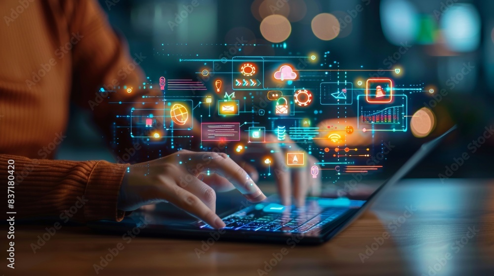 Hands guiding through a virtual landscape of analytics and business strategy tools. Hands guiding through a virtual landscape of analytics and business strategy tools.
