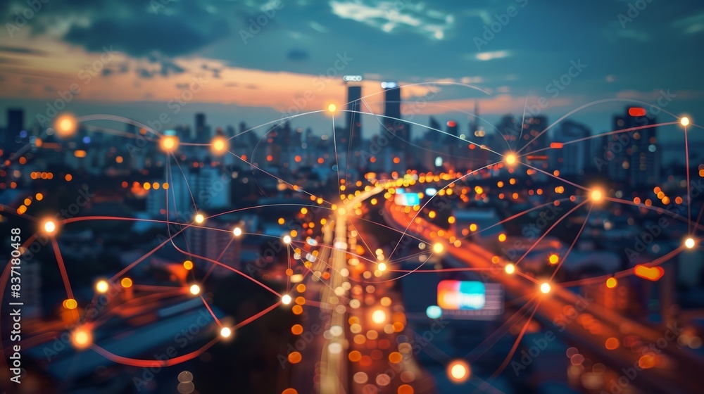 Fototapeta premium The city's pulse is visible in glowing nodes and lines that mimic the bustling streets at rush hour.