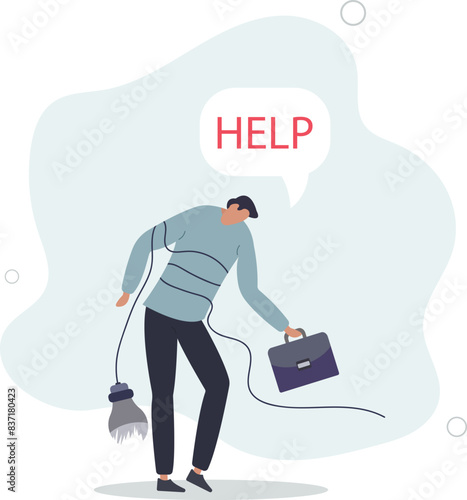 frustrated businessman with messy line on himself holding help placard with hopelessness.flat vector illustration.