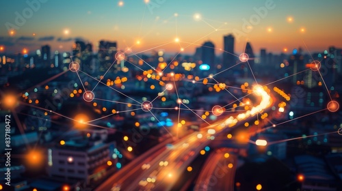 Evening descends, and the urban landscape transforms into a spectacle of connected lights.