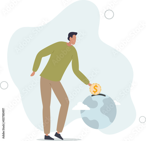 businessman investor hand put dollar coin money into globe coin bank.flat vector illustration.