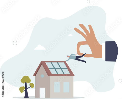 big boss hand pulling employee from home back to work in office.flat vector illustration.