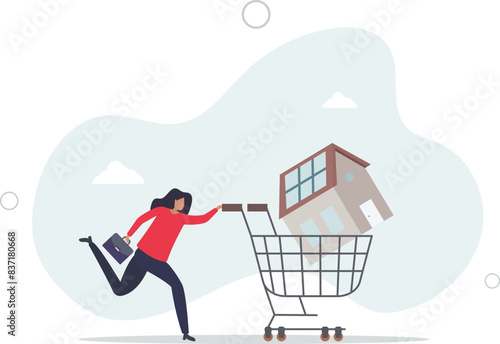 lady woman pushing new house inside shopping cart trolley.flat vector illustration.