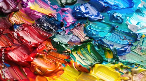 A close up of a vibrant oil paint palette with a variety of colors blending together in an © Ammar