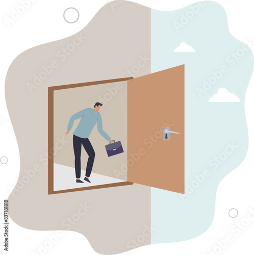 businessman open the door and found dead end and fear to fall from height.flat vector illustration.