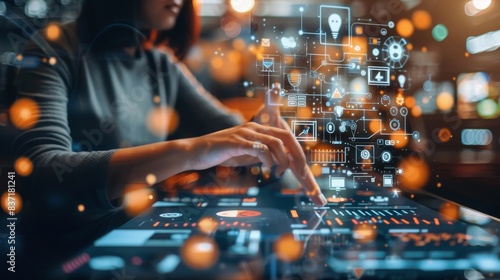 A scene of technological orchestration unfolds as analytics and graphs respond to the touch of an innovator in digital computing.