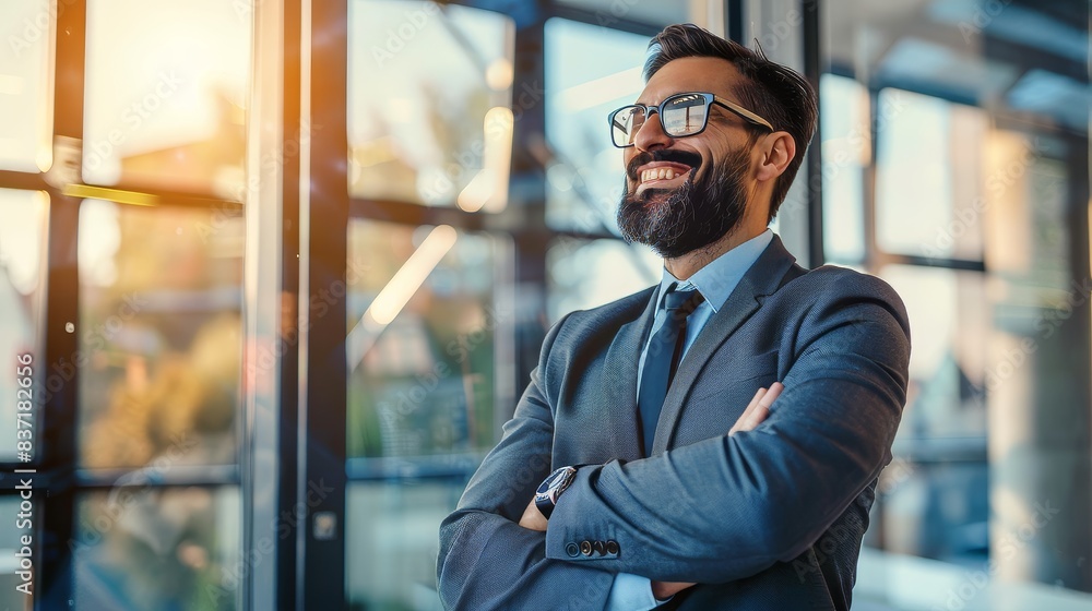 Successful executive in a bright office, arms crossed, looking outside with a smile. Successful executive in a bright office, arms crossed, looking outside with a smile.